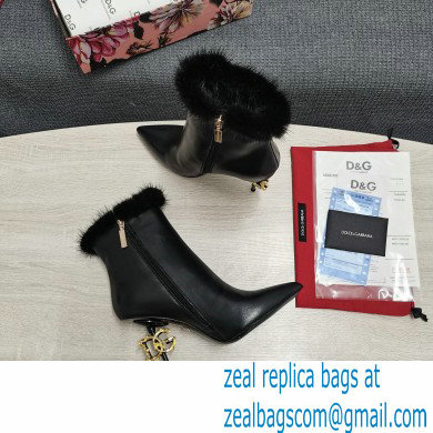 Dolce  &  Gabbana Mink Fur Thin Heel 10.5cm Leather Ankle Boots Black with Baroque DG Heel 2021